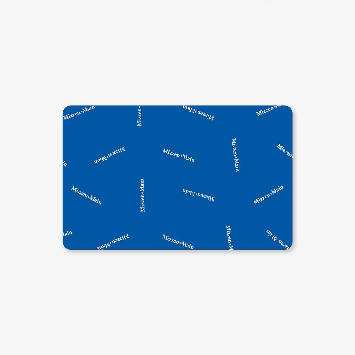 Blue gift card with 'Mizen+Main' branding on a white background
