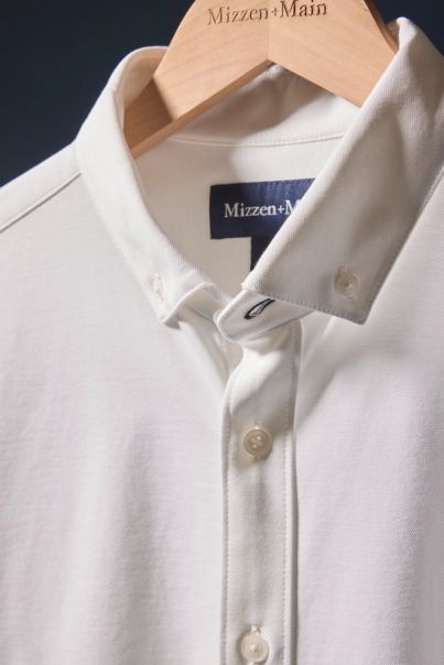 Close up shot of our Leeward shirt on the hanger.