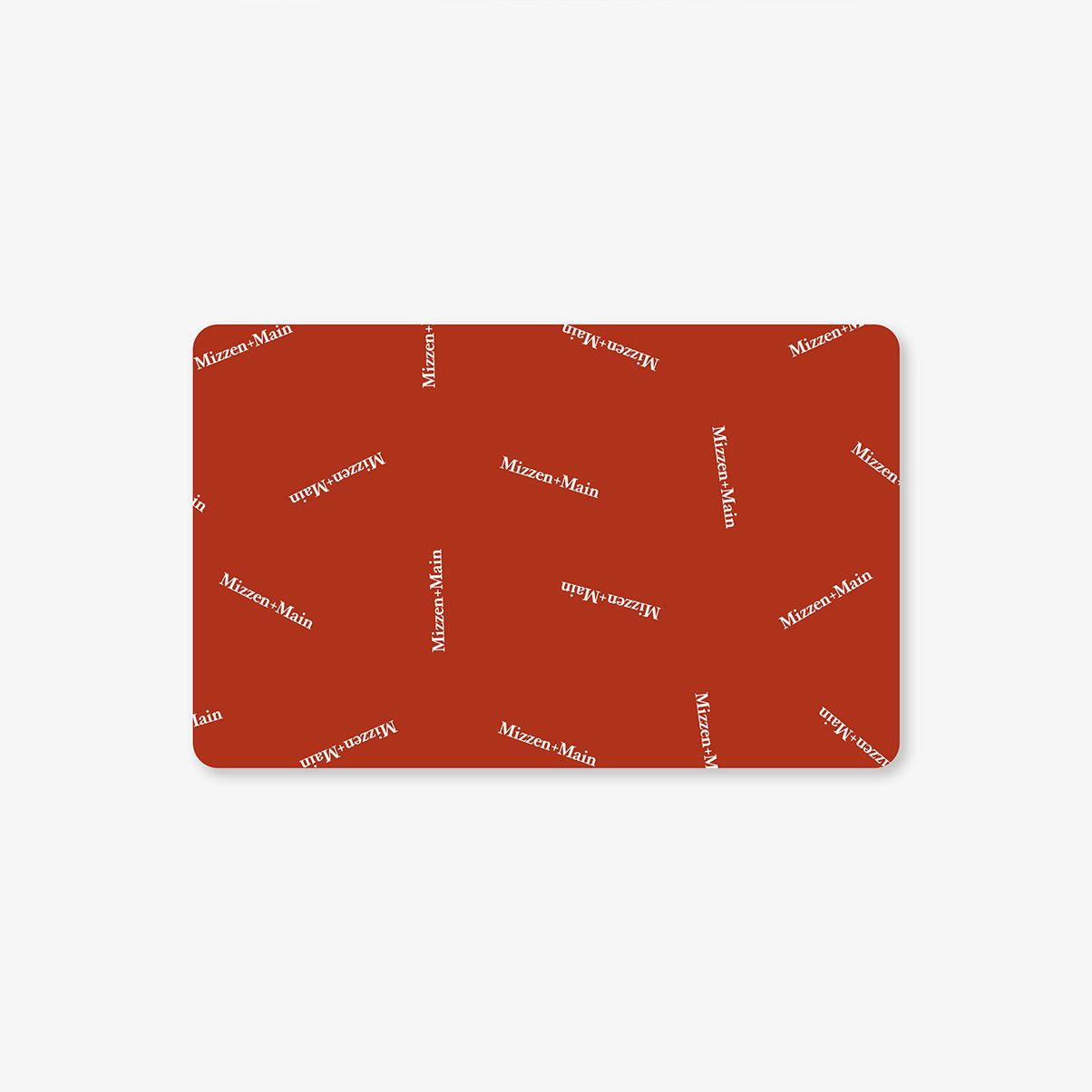 Red gift card with 'Mizzen+Main' branding on a white background