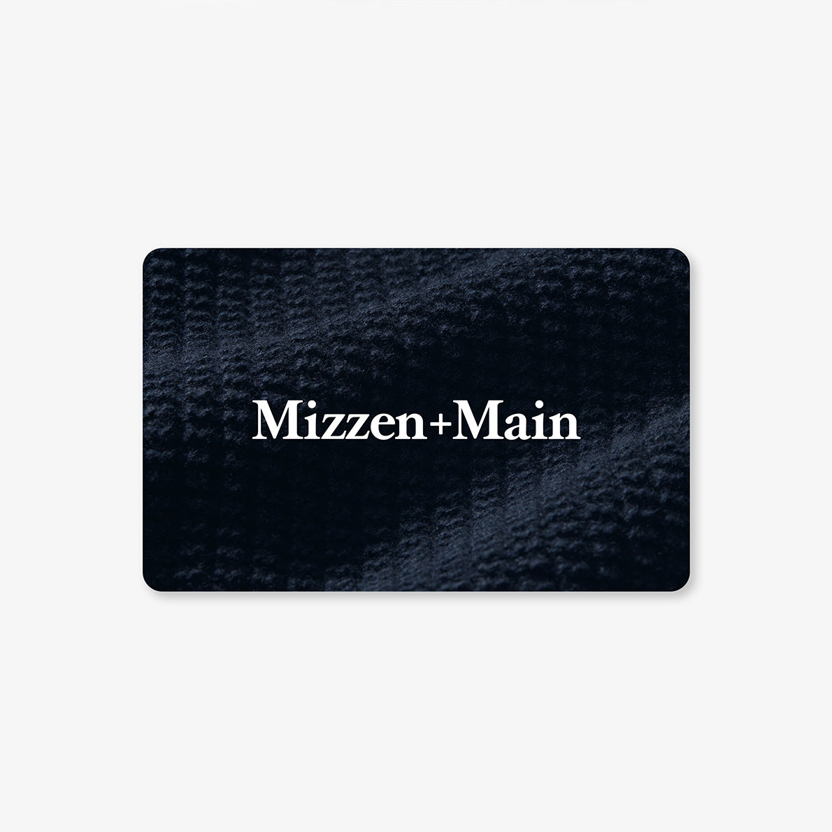 Black textured gift card with 'Mizzen+Main' branding on a white background