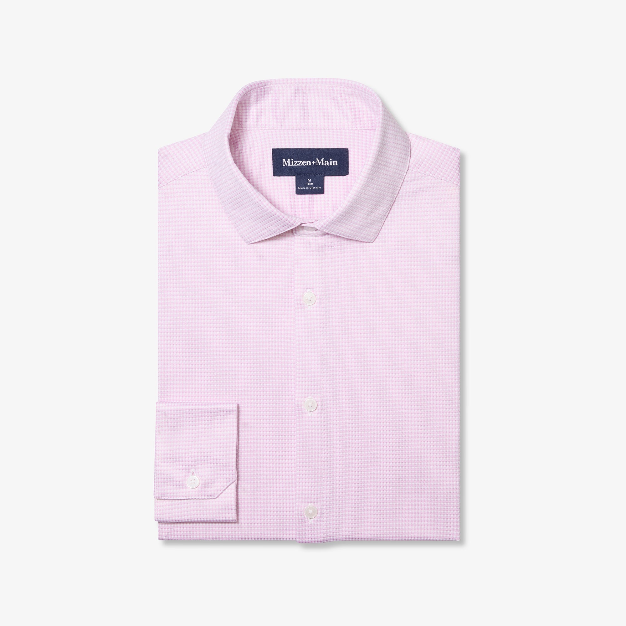 Pink checkered shirt with a Mizzen+Main label on a white background